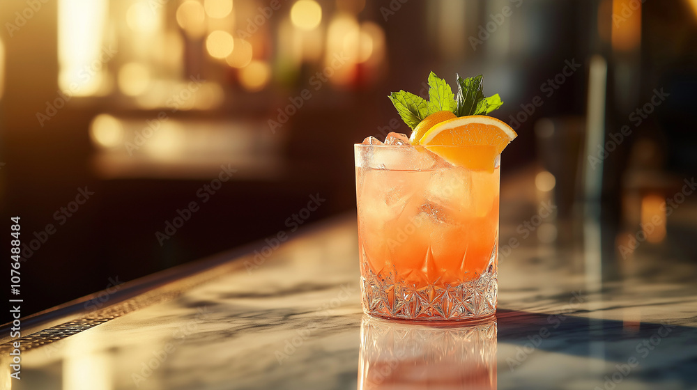 Elegant cocktail on a marble bar with a vibrant garnish of citrus and mint, backlit by warm, ambient lighting Elegant cocktail on a marble bar with a vibrant garnish of citrus and mint, backlit by warm, ambient lighting