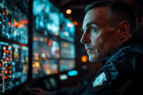 Police Officer Monitoring Surveillance in Control Room