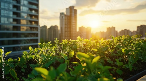 Urban rooftop vegetable gardens enhance city living by promoting sustainable agriculture and green spaces in high-rise environments photo