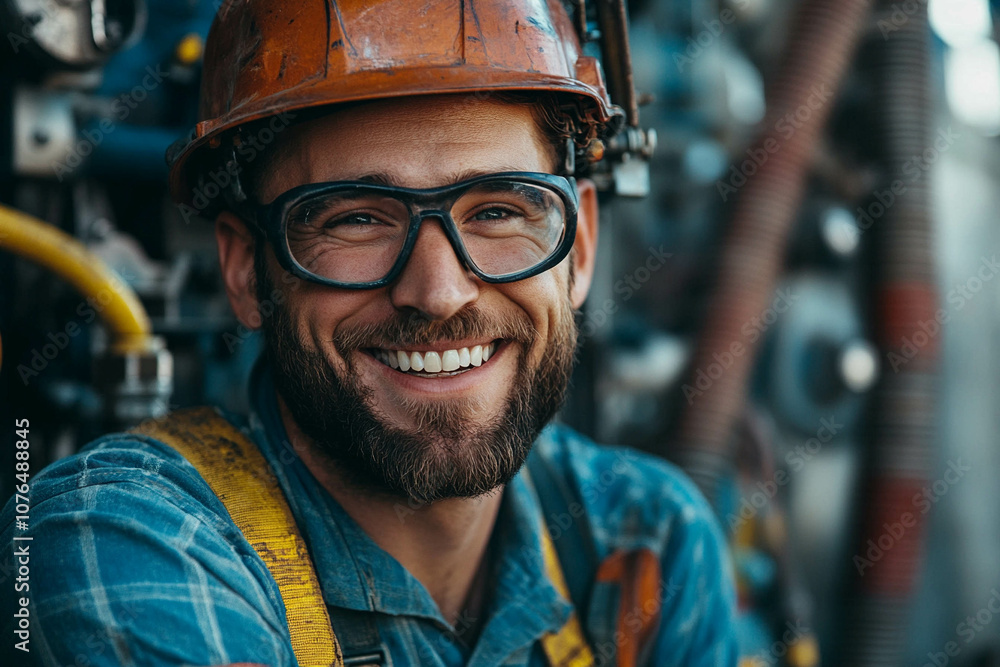 Smiling Industrial Worker in Safety Gear Smiling Industrial Worker in Safety Gear