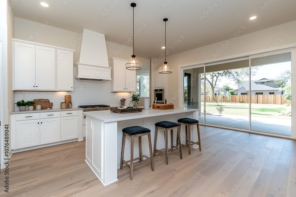 Modern kitchen with white cabinets, a large island, and sliding doors leading to a backyard. Modern kitchen with white cabinets, a large island, and sliding doors leading to a backyard.