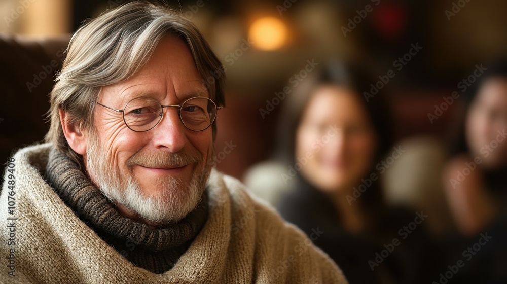 An elderly man, wrapped in a soft throw, smiles warmly while seated in a cozy living room. Friends chat in the background, creating a friendly atmosphere on a winter evening An elderly man, wrapped in a soft throw, smiles warmly while seated in a cozy living room. Friends chat in the background, creating a friendly atmosphere on a winter evening