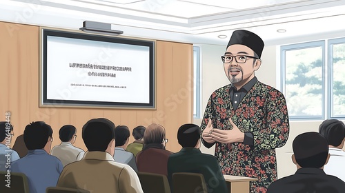 A Man Giving A Presentation To An Audience In A Conference Room photo