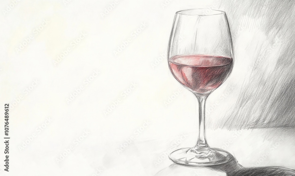 A wine glass with a red liquid in it is drawn in pencil