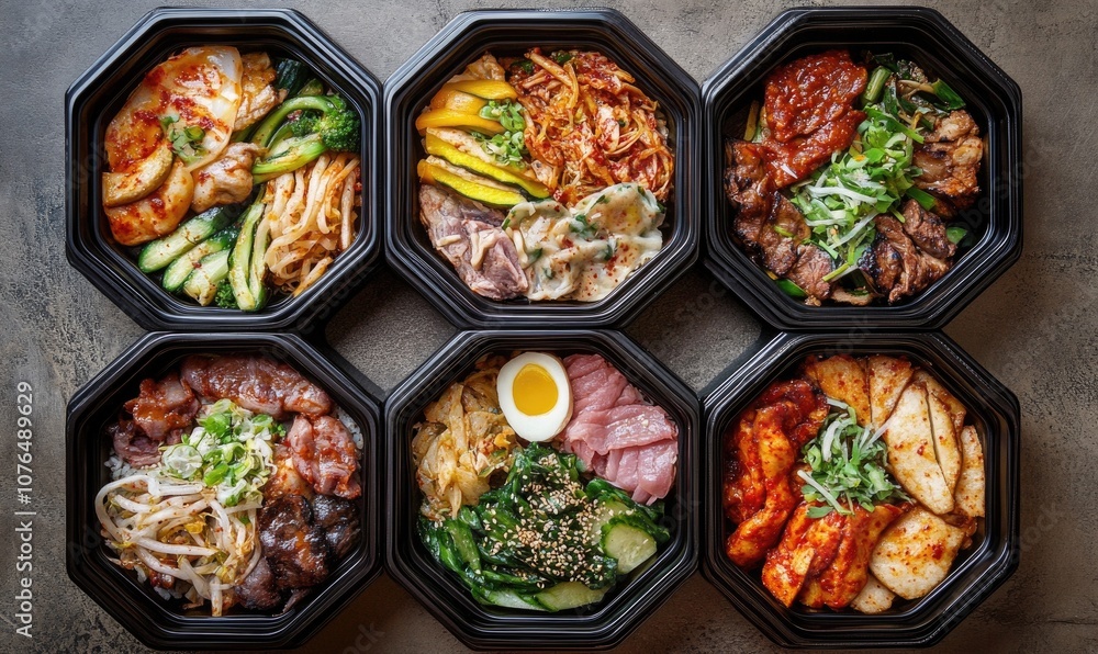 A variety of Asian food is displayed in black plastic containers A variety of Asian food is displayed in black plastic containers