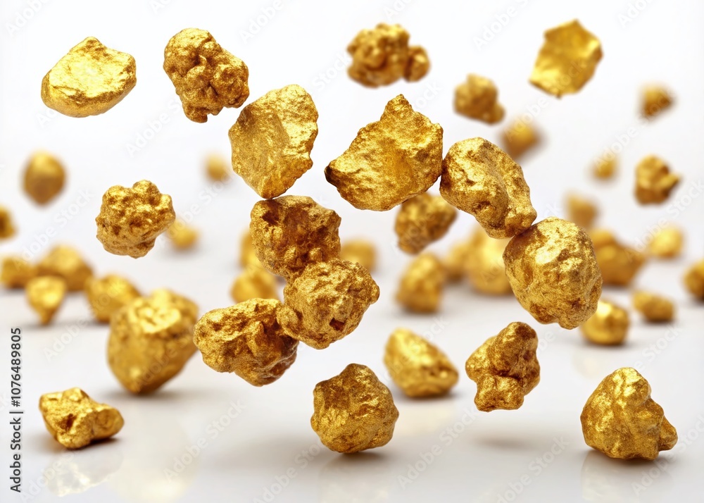 Isolated Falling Nuggets on White Background with High Depth of Field Capturing Every Detail of the Golden Surface and Texture for Culinary and Decorative Use Isolated Falling Nuggets on White Background with High Depth of Field Capturing Every Detail of the Golden Surface and Texture for Culinary and Decorative Use