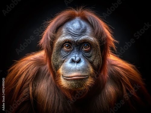 Isolated Orangutan Portrait Against a Deep Black Background Evokes Urgency for Wildlife Conservation Efforts and Awareness of Endangered Species in Their Natural Habitat