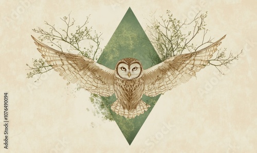 Wallpaper Mural A bird with an owl's face is flying over a green background Torontodigital.ca