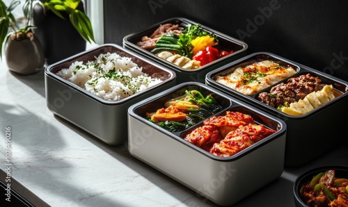 Four trays of food are on a counter, including rice, vegetables, and meat