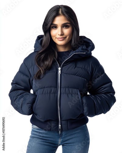 Women in the cropped puffer jacket in deep navy blue, oversized hood, extra-long sleeves, front zipper, isolated on a white background photo