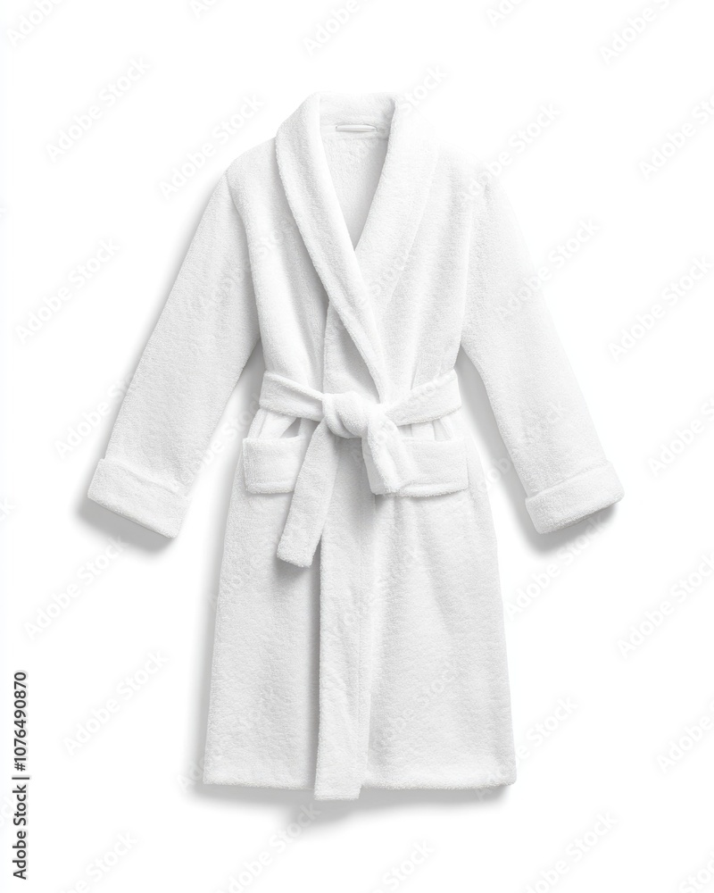 Women's luxurious white terry bathrobe with shawl collar, mid-calf length, and belted waist Women's luxurious white terry bathrobe with shawl collar, mid-calf length, and belted waist