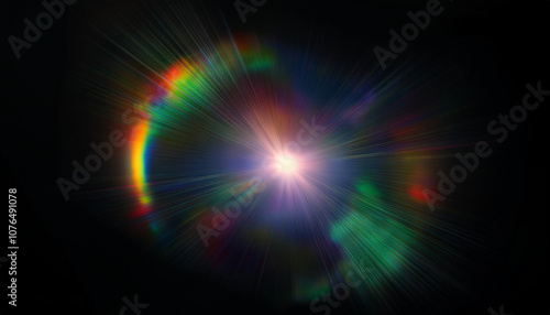 Lens flare abstract effect on black background. Abstract Sun burst, sun flare nature abstract rainbow colorful backdrop, blinking sun burst, lens flare optical rays.
