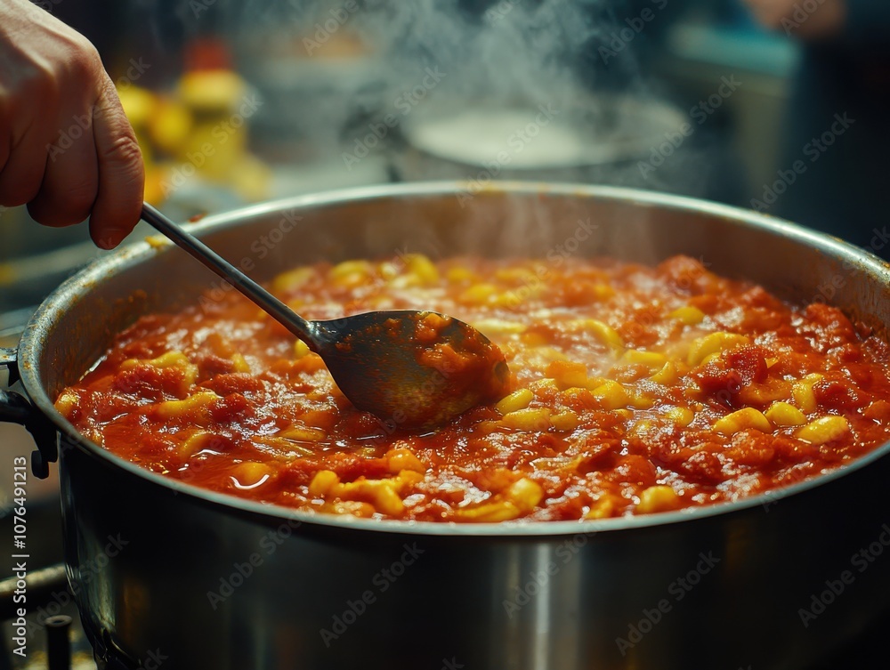 Soft focus image of a person stirring a pot of soup in the kitchen, closeup on the hand and ladle, warm colors, and gentle blur in the background Soft focus image of a person stirring a pot of soup in the kitchen, closeup on the hand and ladle, warm colors, and gentle blur in the background