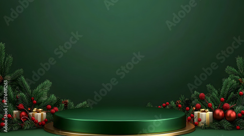 Festive Christmas scene podium for products showcase, promotional sale, minimalist green background