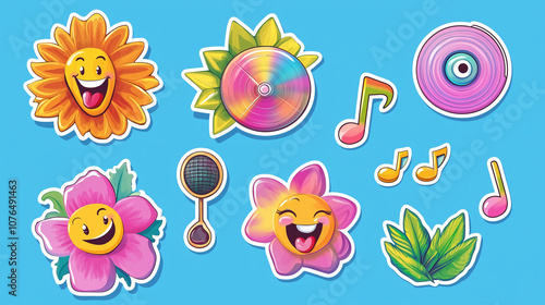 Wallpaper Mural A colorful sticker set featuring cheerful floral faces, musical notes, vinyl records, and decorative leaves on a bright blue background. Torontodigital.ca