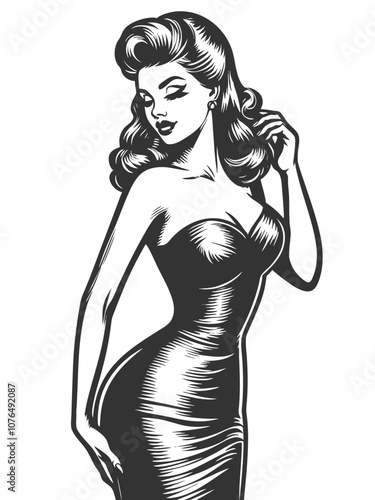 pin-up woman in a form-fitting dress, posing, vintage fashion sketch engraving generative ai fictional character vector illustration. Scratch board imitation. Black and white image.