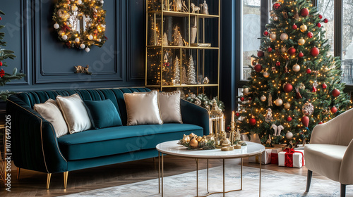 Stylish living room decorated for Christmas with a dark blue sofa, festive tree, wreath, and golden accents creating warmth. photo