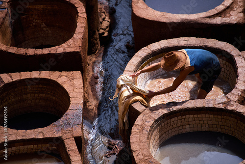 People works in the Shuara leather dyeing factory. Traditional Moroccan craft. photo