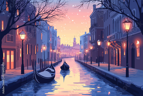 A dreamy winter canal scene at dusk, with two gondolas floating on calm waters, framed by softly lit buildings and warm streetlights, under a pastel-colored sky and gentle snowfall