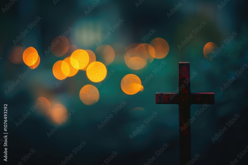 A blurred cross in the background with bokeh lights, representing Christianity. A blurred cross in the background with bokeh lights, representing Christianity.