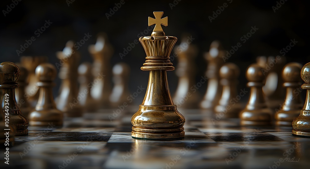 A golden chess piece stands on the board, facing off against many other pieces. The king is in sharp focus, the concept of this scene symbolizes strategic success in business or military strategy. A golden chess piece stands on the board, facing off against many other pieces. The king is in sharp focus, the concept of this scene symbolizes strategic success in business or military strategy.