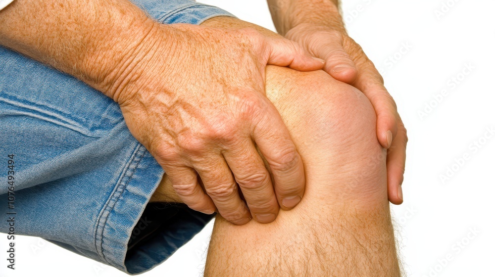 Man holding knee in pain, discomfort, medical concerns, and potential injury seeking relief treatment options Man holding knee in pain, discomfort, medical concerns, and potential injury seeking relief treatment options