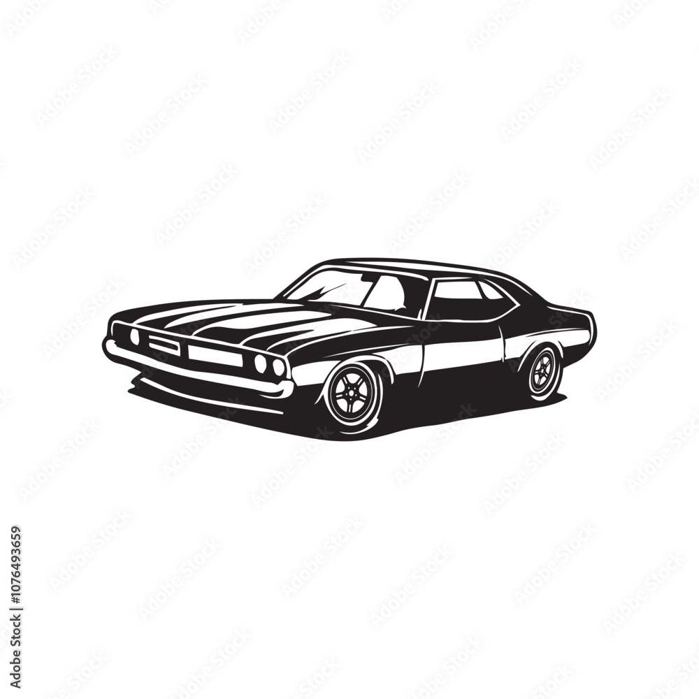 Fototapeta premium American 70s customized muscle car line art silhouette vector on a white background