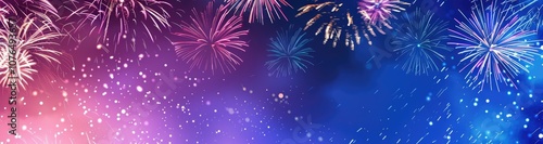 A colorful banner displaying fireworks with golden text Happy New Year on the left side, vibrant background and festive with bright colors.