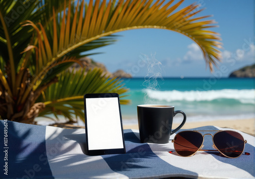 Modern smartphone with a blank white screen on a stylish beach towel laid out on white sand. Coffee cup steaming gently. Pair of designer sunglasses. Rolling blue sea waves, luxury beach resort. photo