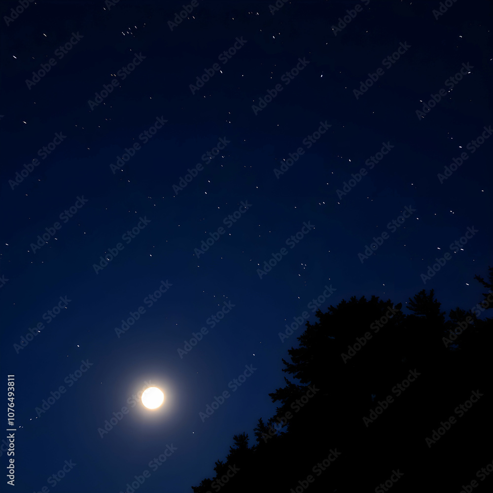Fototapeta premium moonlit sky filled with stars above silhouetted trees on a clear night
