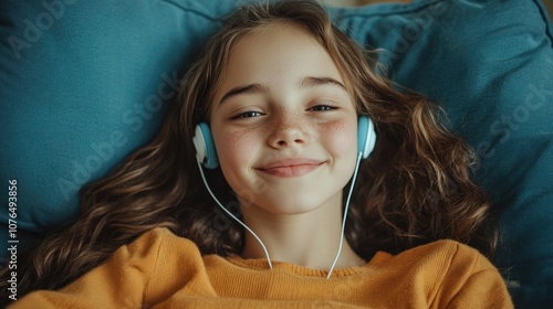 A young girl relaxes on a couch with headphones on, enjoying her favorite music