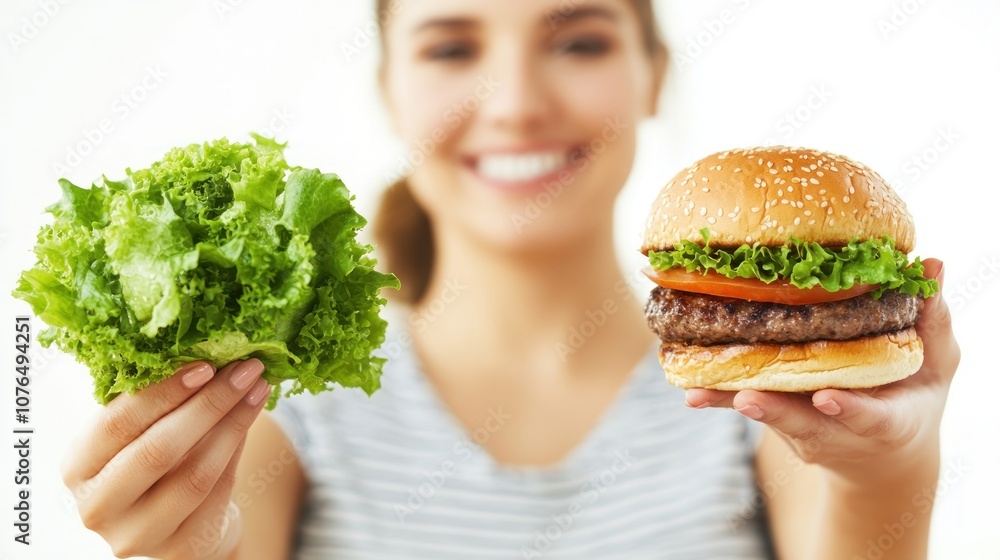 Woman holding lettuce and a burger, Healthy vs. Unhealthy Woman holding lettuce and a burger, Healthy vs. Unhealthy