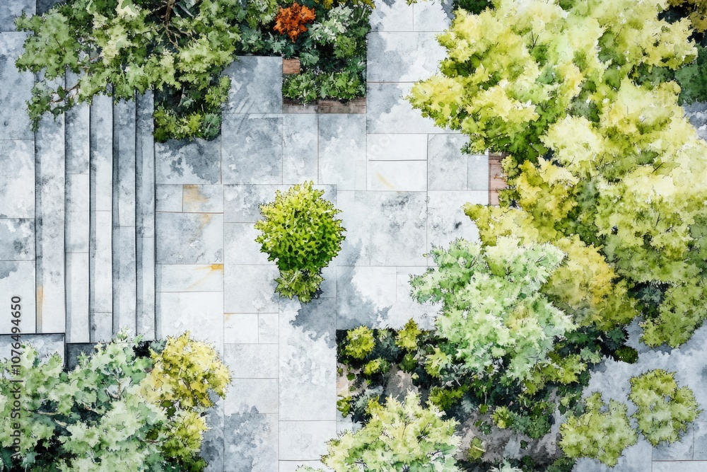 Naklejka premium Aerial view of a garden with trees and greenery