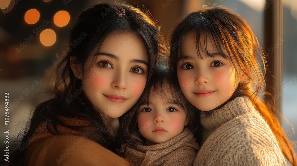 A warm family portrait featuring a mother and her two daughters. A warm family portrait featuring a mother and her two daughters.