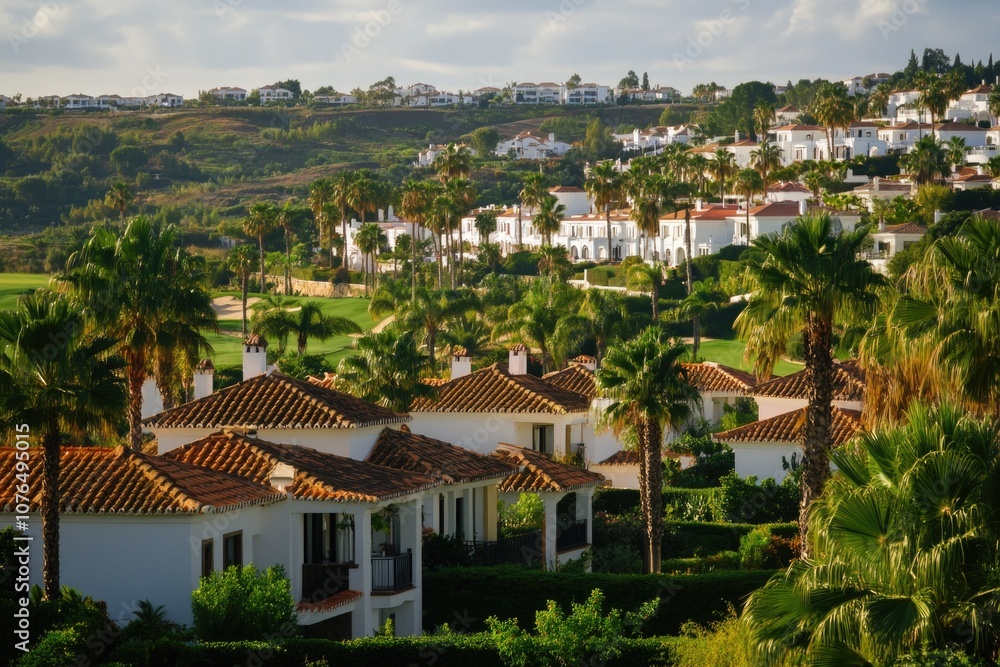 Obraz premium A serene view of a golf course with palm trees in the foreground, ideal for travel or leisure images