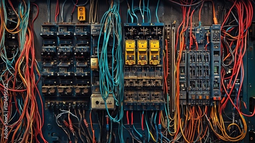 A collection of wires and switches in an electrical control room