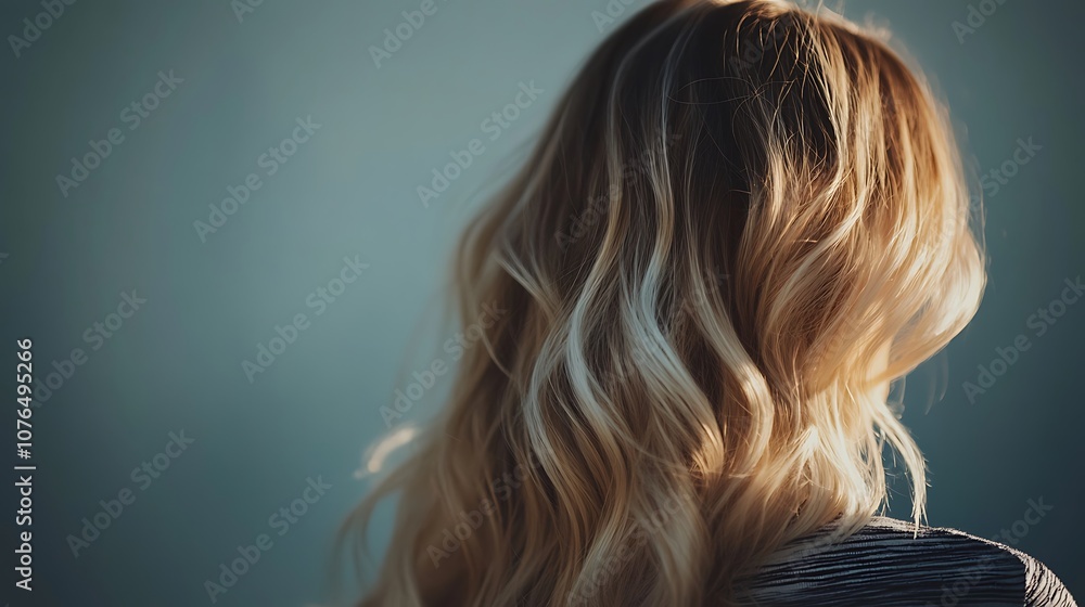 Naklejka premium Blonde woman's wavy hair against a teal backdrop