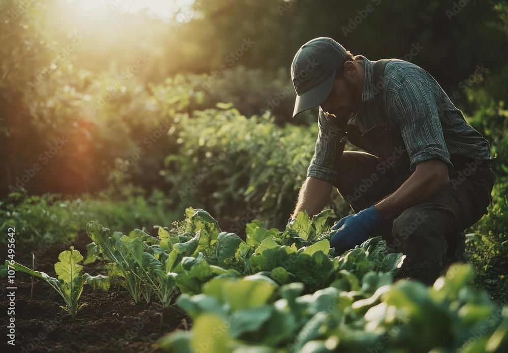 Fototapeta premium a man in a hat squats holding a plant and is harvesting vegetables