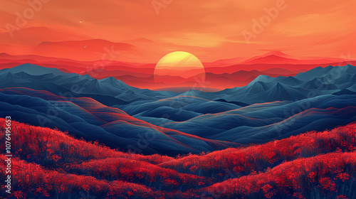 Vibrant Sunset Over Mountainous Landscape with Colorful Sky