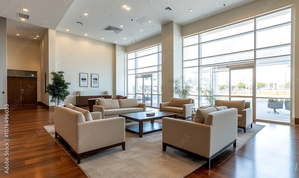 Fototapeta premium Modern lobby with large windows, beige sofas, wooden floor, and a coffee table.