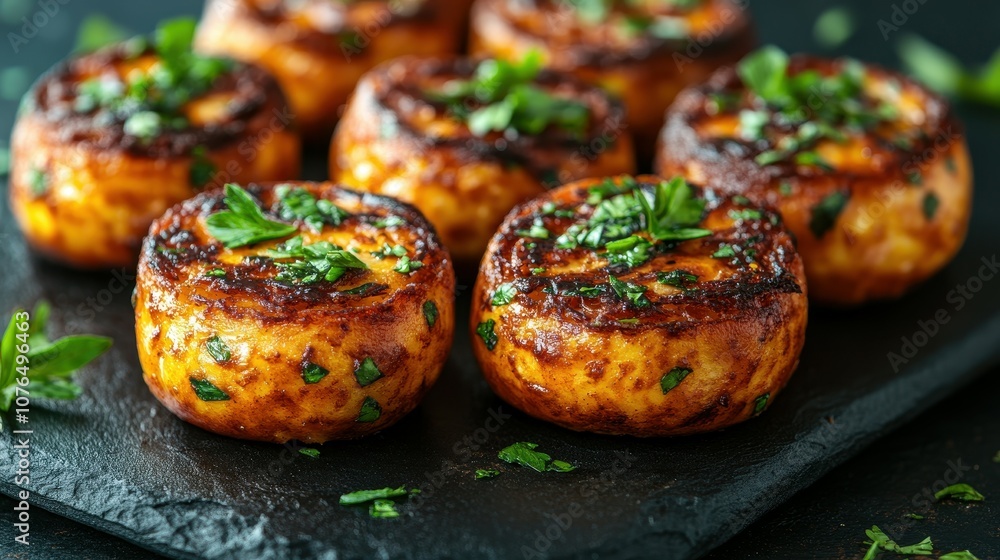 Savory pastries, perfectly grilled and aromatic, are garnished with vibrant green herbs, creating an appetizing dish on a dark slate surface Savory pastries, perfectly grilled and aromatic, are garnished with vibrant green herbs, creating an appetizing dish on a dark slate surface