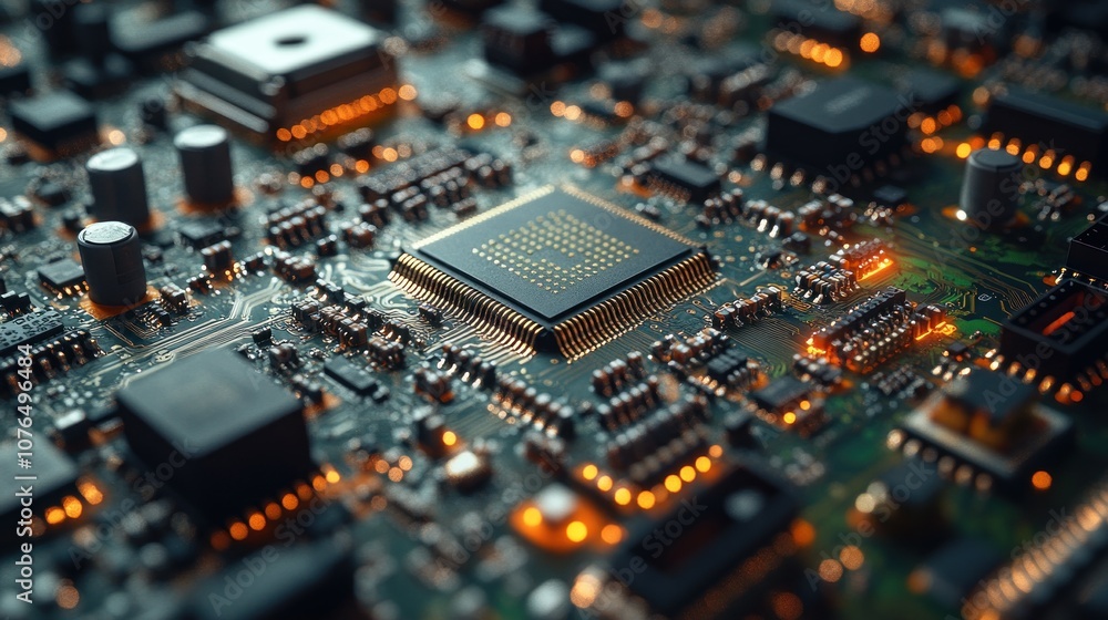 Close-up of a circuit board with chips and glowing connections. Close-up of a circuit board with chips and glowing connections.