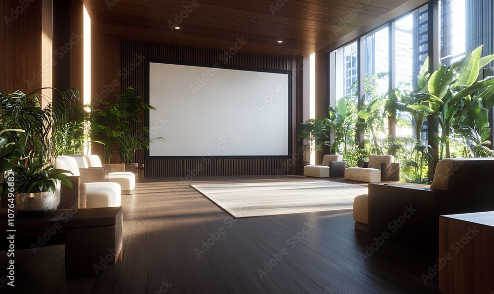 Modern minimalist home theater room with large screen, plush seating, and natural light. Modern minimalist home theater room with large screen, plush seating, and natural light.