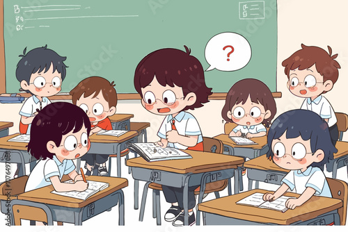 a cartoon illustration where a cute student is evaluating each classmate’s knowledge, deciding who can best help them, and then getting the appropriate help AI generated image