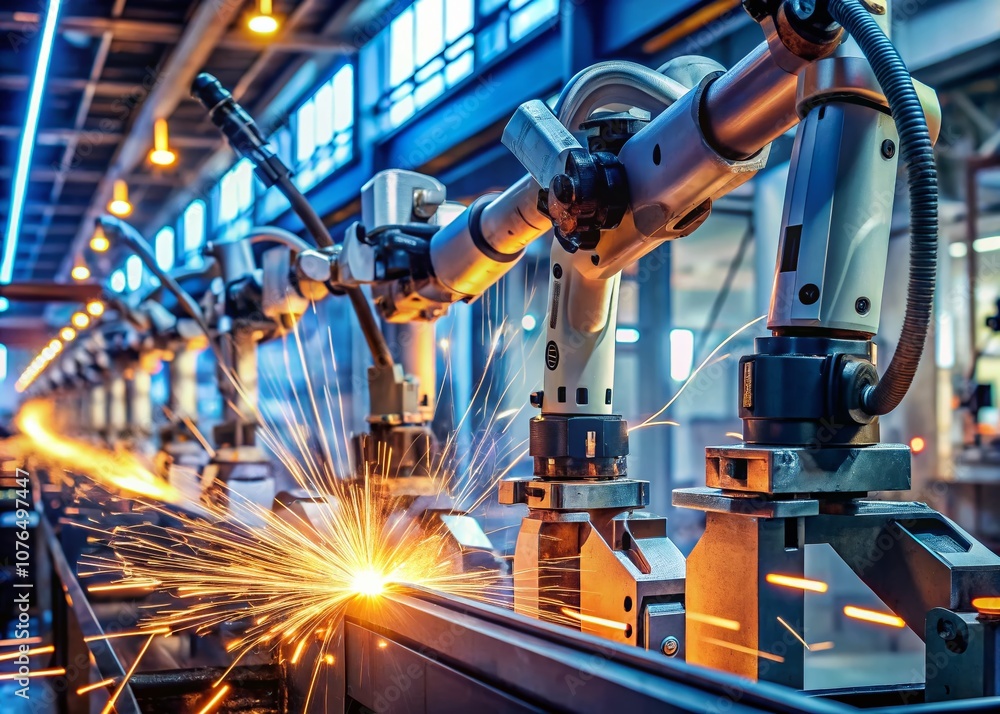Macro Photography of Automated Robot Arm Machines in Smart Industrial Factories with Laser-Based Welding and Cutting Robots Operating in Production Lines Macro Photography of Automated Robot Arm Machines in Smart Industrial Factories with Laser-Based Welding and Cutting Robots Operating in Production Lines