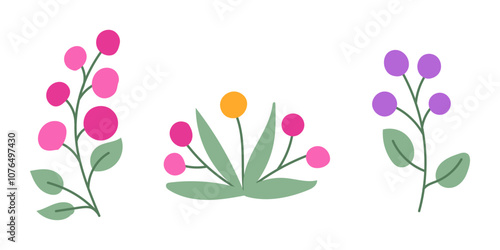 Simple and colorful floral illustration with pink, purple, and yellow flowers with green leaves isolated on white background. Vector simple artwork in Mexican art stye