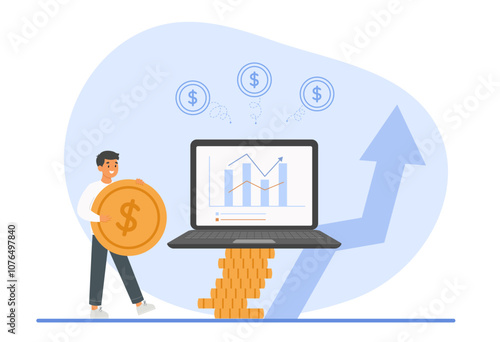 Investment concept illustration with a man holding a giant coin next to a laptop showing profit growth charts