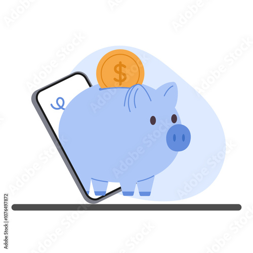 A piggy bank with a coin popping out from a phone screen, representing digital savings and mobile banking