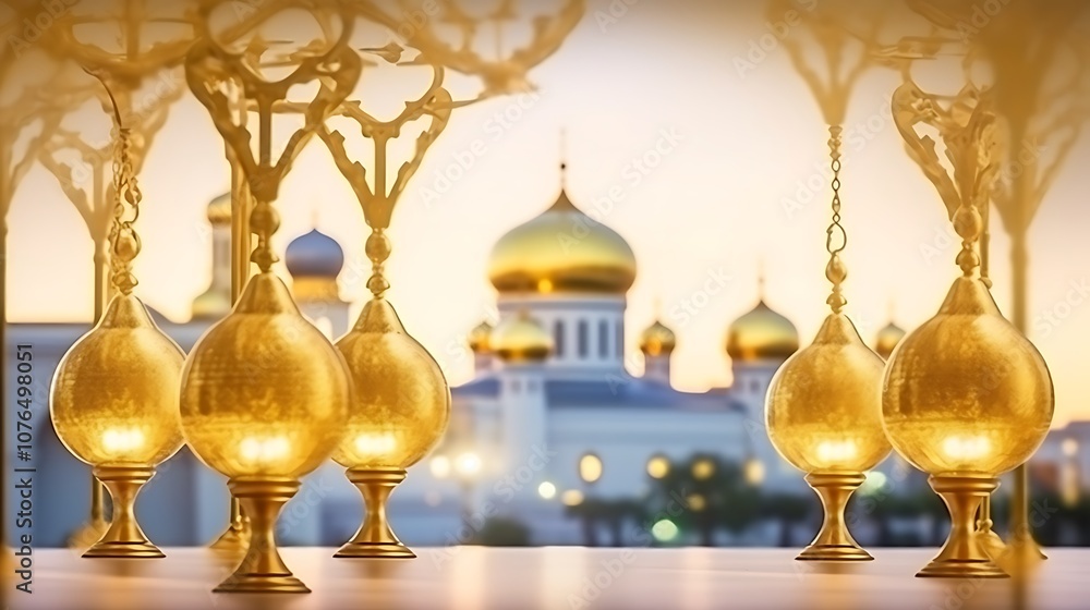 Golden Domes and Ornate Lanterns in a Religious Setting Golden Domes and Ornate Lanterns in a Religious Setting