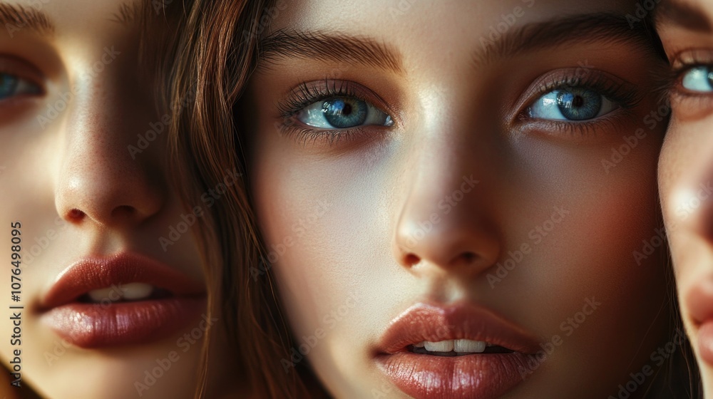 A close-up photo of three women with bright blue eyes, focusing on their eye color and facial features A close-up photo of three women with bright blue eyes, focusing on their eye color and facial features